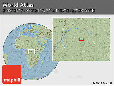 Savanna Style Location Map of the Area around 0° 21' 0" S, 22° 10' 29" E, hill shading