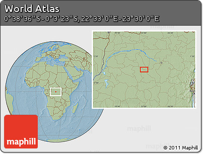Savanna Style Location Map of the Area around 0° 21' 0" S, 23° 1' 29" E, hill shading