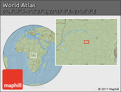 Savanna Style Location Map of the Area around 0° 21' 0" S, 23° 1' 29" E, hill shading