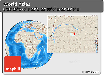Shaded Relief Location Map of the Area around 0° 21' 0" S, 23° 1' 29" E