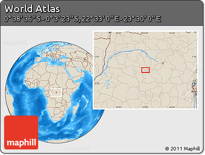 Shaded Relief Location Map of the Area around 0° 21' 0" S, 23° 1' 29" E