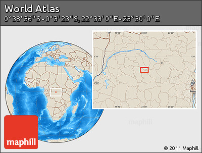 Shaded Relief Location Map of the Area around 0° 21' 0" S, 23° 1' 29" E