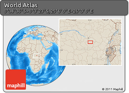 Shaded Relief Location Map of the Area around 0° 21' 0" S, 25° 34' 30" E