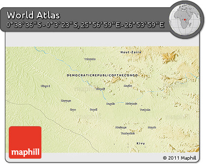 Physical 3D Map of the Area around 0° 21' 0" S, 26° 25' 29" E