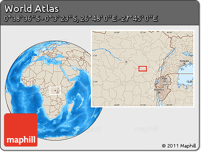 Shaded Relief Location Map of the Area around 0° 21' 0" S, 27° 16' 29" E