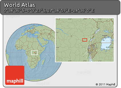 Savanna Style Location Map of the Area around 0° 21' 0" S, 28° 7' 30" E, hill shading