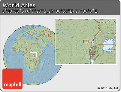 Savanna Style Location Map of the Area around 0° 21' 0" S, 28° 7' 30" E, hill shading