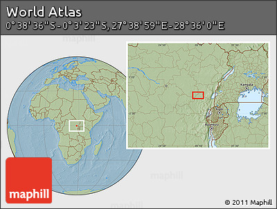 Savanna Style Location Map of the Area around 0° 21' 0" S, 28° 7' 30" E, hill shading