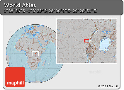 Gray Location Map of the Area around 0° 21' 0" S, 28° 58' 30" E, hill shading