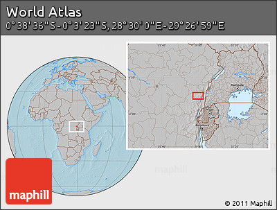 Gray Location Map of the Area around 0° 21' 0" S, 28° 58' 30" E, hill shading