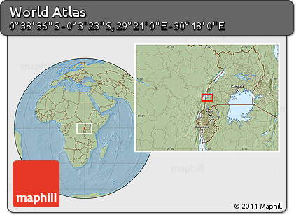 Savanna Style Location Map of the Area around 0° 21' 0" S, 29° 49' 30" E, hill shading