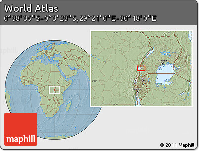 Savanna Style Location Map of the Area around 0° 21' 0" S, 29° 49' 30" E, hill shading