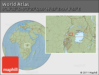 Savanna Style Location Map of the Area around 0° 21' 0" S, 30° 40' 29" E, hill shading