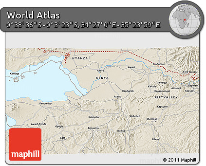 Shaded Relief 3D Map of the Area around 0° 21' 0" S, 34° 55' 29" E
