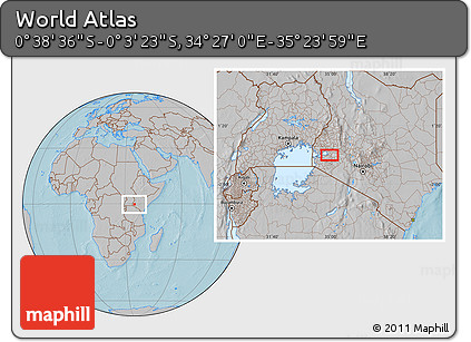 Gray Location Map of the Area around 0° 21' 0" S, 34° 55' 29" E, hill shading