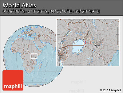 Gray Location Map of the Area around 0° 21' 0" S, 34° 55' 29" E, hill shading