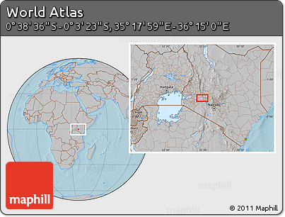 Gray Location Map of the Area around 0° 21' 0" S, 35° 46' 29" E, hill shading
