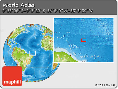 Physical Location Map of the Area around 0° 21' 0" S, 35° 37' 30" W