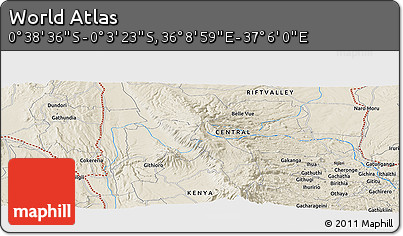Shaded Relief Panoramic Map of the Area around 0° 21' 0" S, 36° 37' 30" E