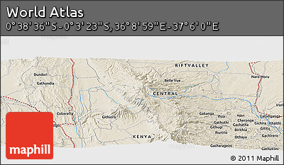 Shaded Relief Panoramic Map of the Area around 0° 21' 0" S, 36° 37' 30" E