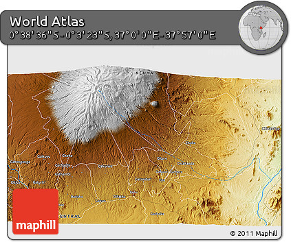 Physical 3D Map of the Area around 0° 21' 0" S, 37° 28' 30" E