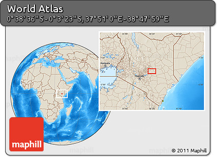 Shaded Relief Location Map of the Area around 0° 21' 0" S, 38° 19' 30" E