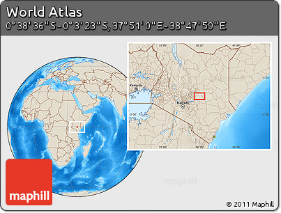 Shaded Relief Location Map of the Area around 0° 21' 0" S, 38° 19' 30" E