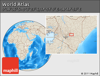 Shaded Relief Location Map of the Area around 0° 21' 0" S, 38° 19' 30" E