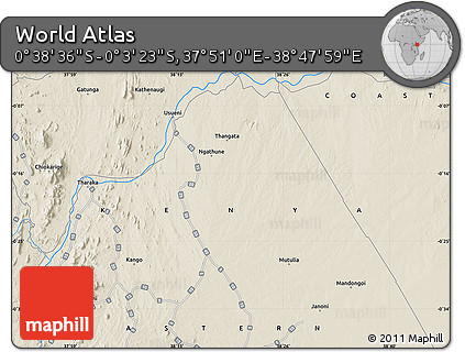 Shaded Relief Map of the Area around 0° 21' 0" S, 38° 19' 30" E