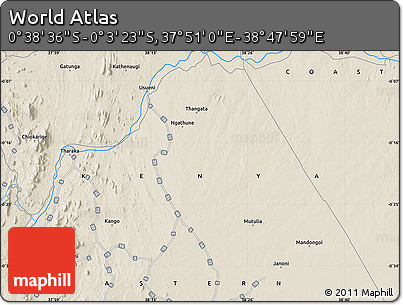 Shaded Relief Map of the Area around 0° 21' 0" S, 38° 19' 30" E