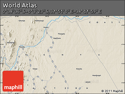 Shaded Relief Map of the Area around 0° 21' 0" S, 38° 19' 30" E