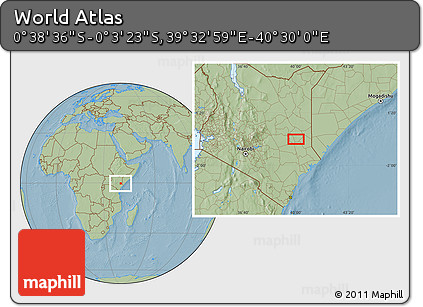 Savanna Style Location Map of the Area around 0° 21' 0" S, 40° 1' 29" E, hill shading