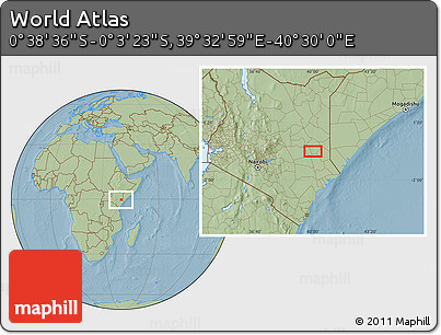 Savanna Style Location Map of the Area around 0° 21' 0" S, 40° 1' 29" E, hill shading