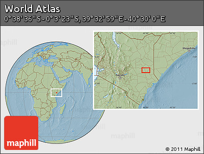 Savanna Style Location Map of the Area around 0° 21' 0" S, 40° 1' 29" E, hill shading