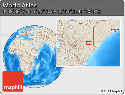 Shaded Relief Location Map of the Area around 0° 21' 0" S, 40° 1' 29" E