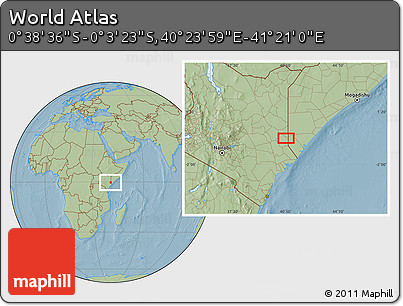 Savanna Style Location Map of the Area around 0° 21' 0" S, 40° 52' 30" E, hill shading