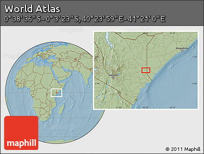 Savanna Style Location Map of the Area around 0° 21' 0" S, 40° 52' 30" E, hill shading