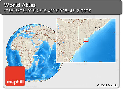 Shaded Relief Location Map of the Area around 0° 21' 0" S, 42° 34' 30" E