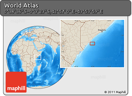Shaded Relief Location Map of the Area around 0° 21' 0" S, 43° 25' 29" E