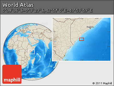 Shaded Relief Location Map of the Area around 0° 21' 0" S, 43° 25' 29" E