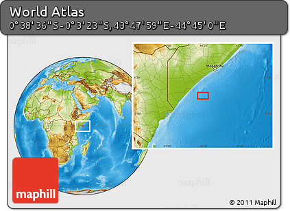 Physical Location Map of the Area around 0° 21' 0" S, 44° 16' 29" E