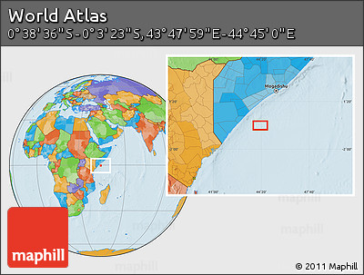 Political Location Map of the Area around 0° 21' 0" S, 44° 16' 29" E