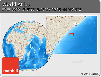 Shaded Relief Location Map of the Area around 0° 21' 0" S, 44° 16' 29" E