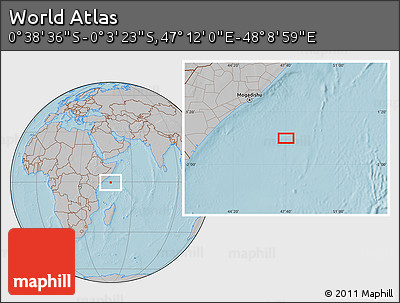 Gray Location Map of the Area around 0° 21' 0" S, 47° 40' 29" E, hill shading