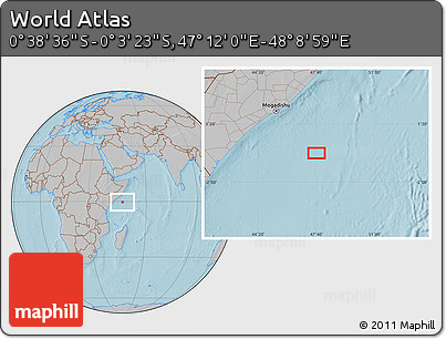Gray Location Map of the Area around 0° 21' 0" S, 47° 40' 29" E, hill shading