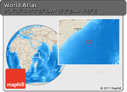 Shaded Relief Location Map of the Area around 0° 21' 0" S, 47° 40' 29" E