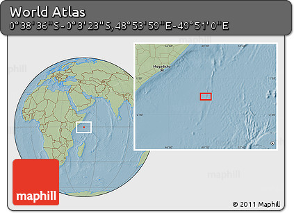 Savanna Style Location Map of the Area around 0° 21' 0" S, 49° 22' 30" E, hill shading