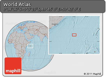 Gray Location Map of the Area around 0° 21' 0" S, 50° 13' 30" E, hill shading