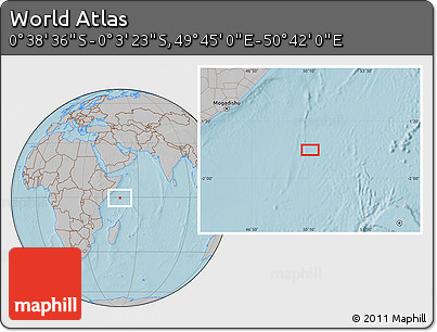 Gray Location Map of the Area around 0° 21' 0" S, 50° 13' 30" E, hill shading