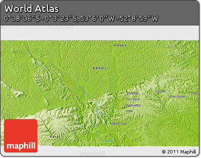 Physical 3D Map of the Area around 0° 21' 0" S, 52° 37' 30" W